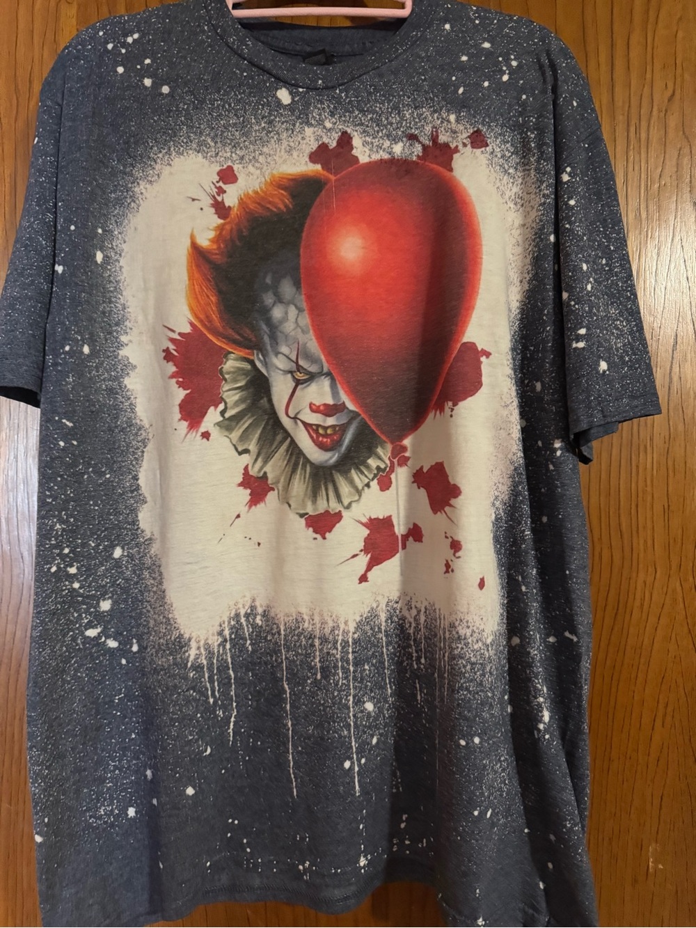 Bleached Heather Navy Shirt with Red Balloon Horror Clown Design XL